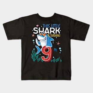 Turning 9 Years Old, Boy Girl Shark Birthday Theme, 9th Bday Kids T-Shirt